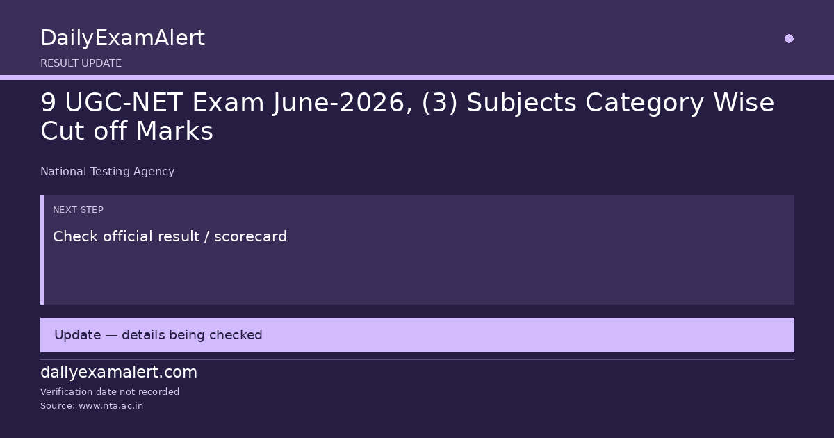 9 UGC-NET Exam June-2026, (3) Subjects Category Wise Cut off Marks — result update summary