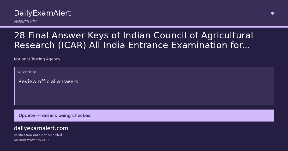 28 Final Answer Keys of Indian Council of Agricultural Research (ICAR) All India Entrance Examination for Admission [AIEEA]-PG and All India Competitive Examination (AICE)-JRF/SRF (Ph.D.) – 2026 – reg — answer key summary