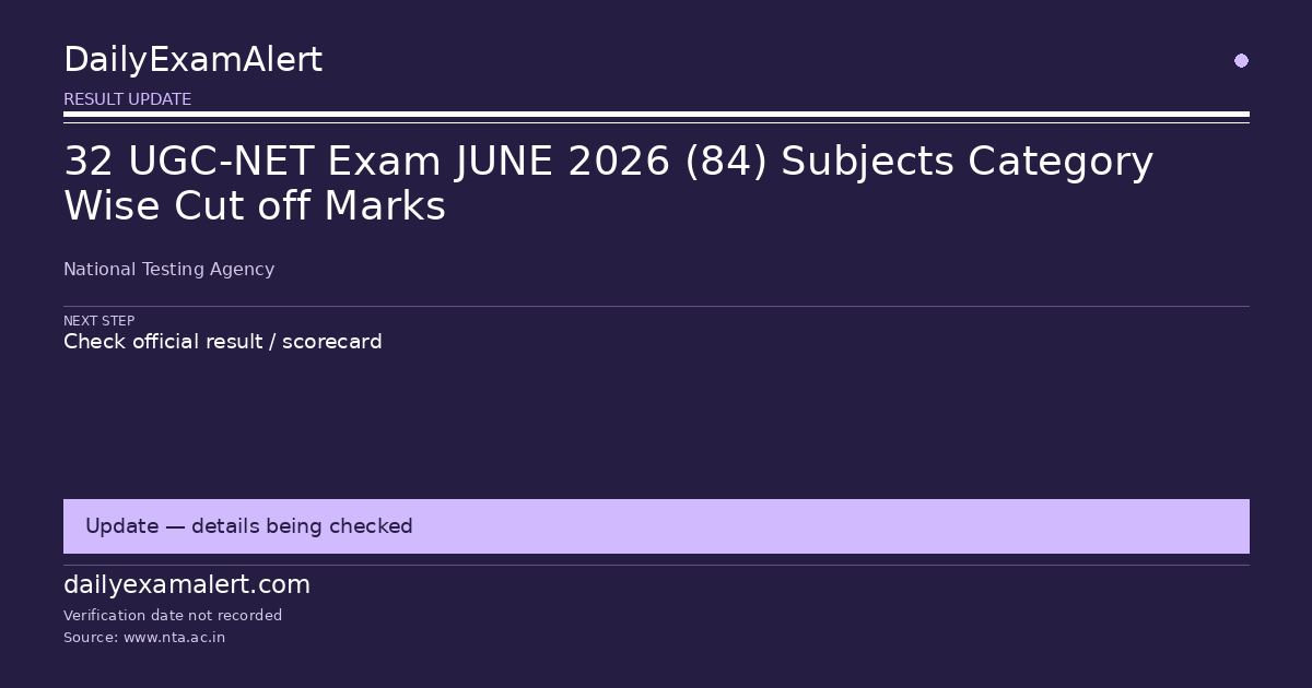32 UGC-NET Exam JUNE 2026 (84) Subjects Category Wise Cut off Marks — result update summary