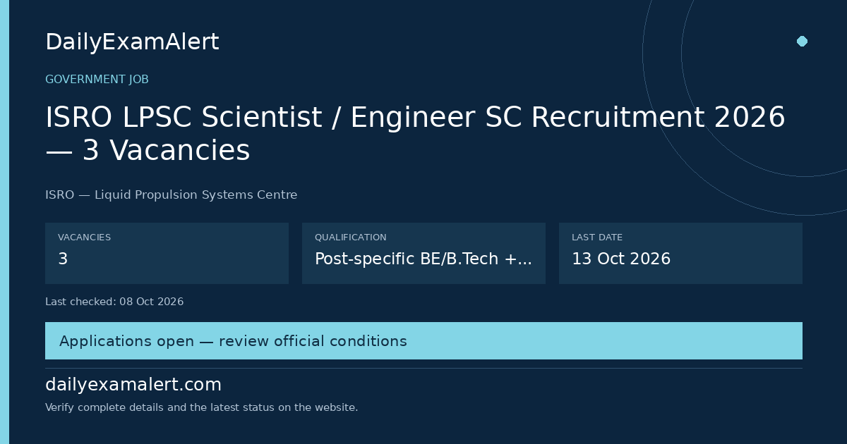 ISRO LPSC Scientist / Engineer SC Recruitment 2026 — 3 Vacancies — government job summary