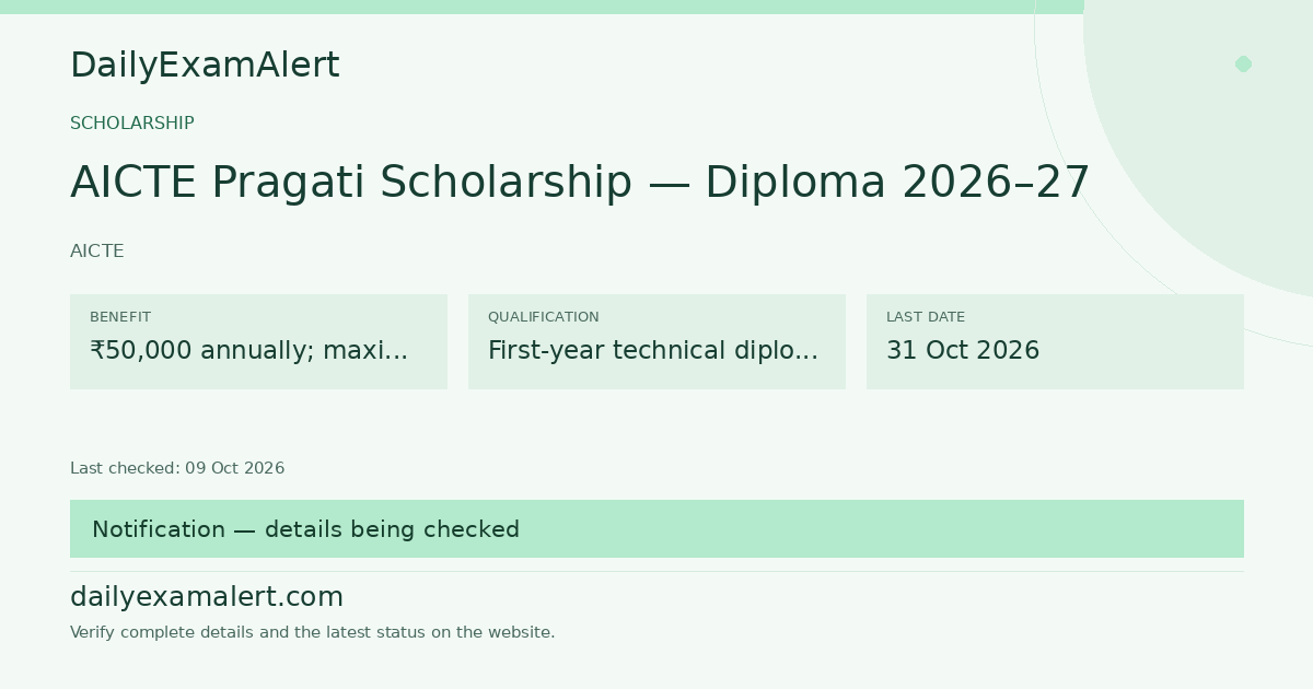 AICTE Pragati Scholarship — Diploma 2026–27 — scholarship summary