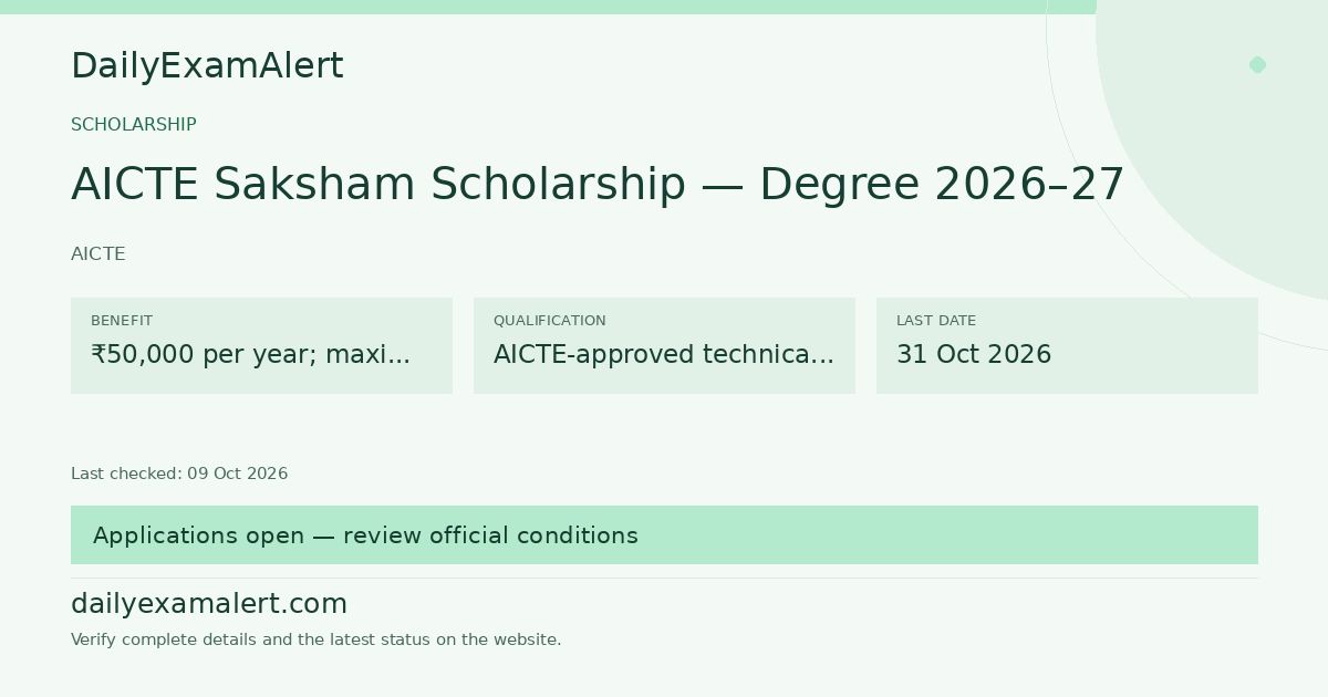 AICTE Saksham Scholarship — Degree 2026–27 — scholarship summary