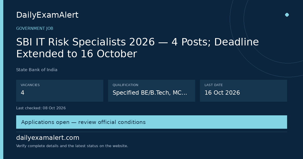 SBI IT Risk Specialists 2026 — 4 Posts; Deadline Extended to 16 October — government job summary