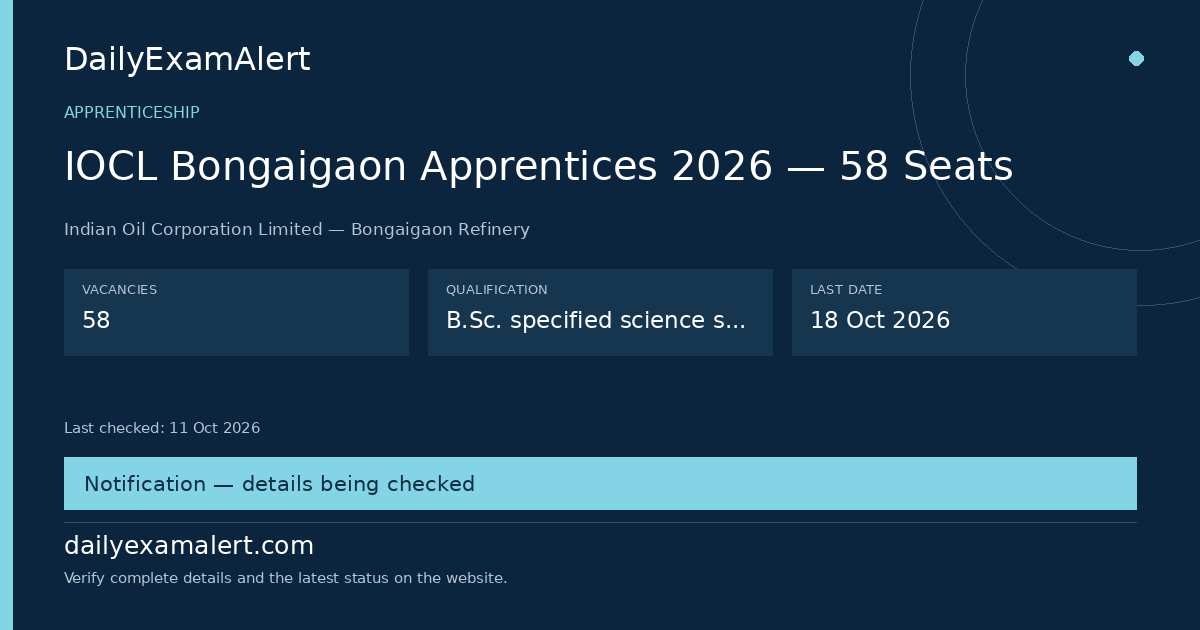 IOCL Bongaigaon Apprentices 2026 — 58 Seats — apprenticeship summary