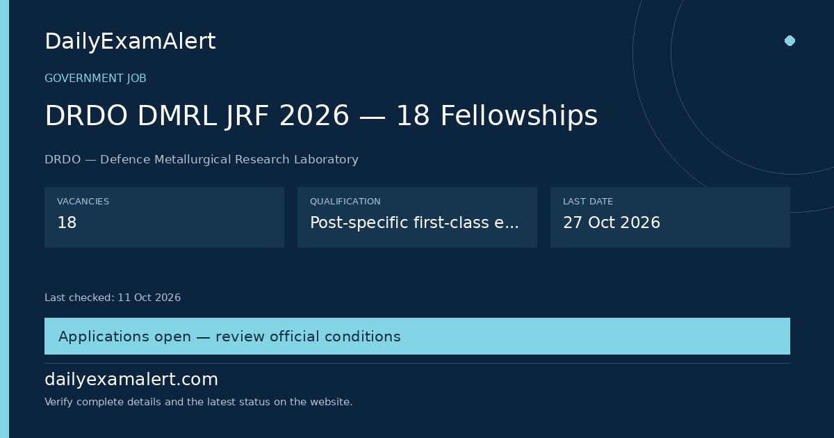 DRDO DMRL JRF 2026 — 18 Fellowships — government job summary