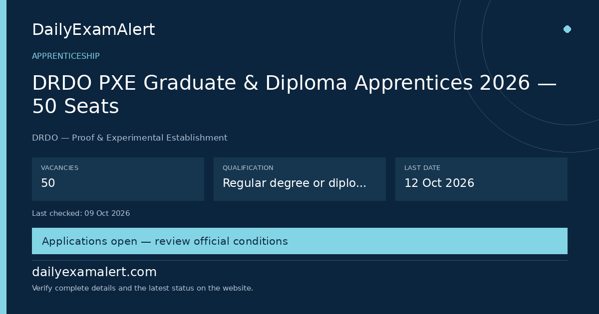 DRDO PXE Graduate & Diploma Apprentices 2026 — 50 Seats — apprenticeship summary