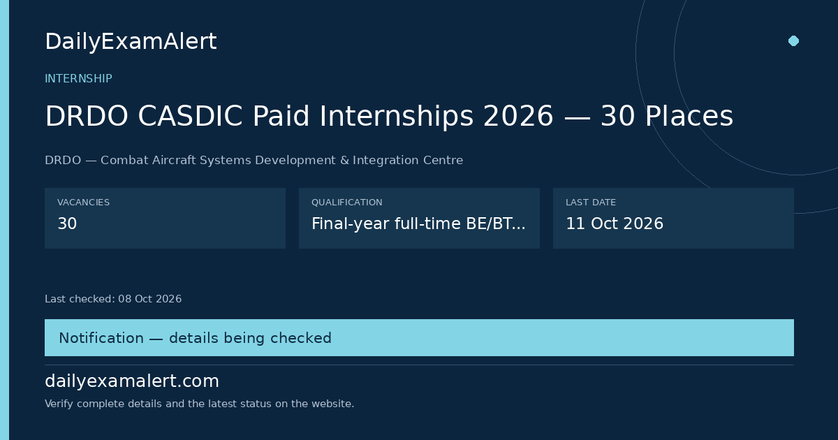 DRDO CASDIC Paid Internships 2026 — 30 Places — internship summary