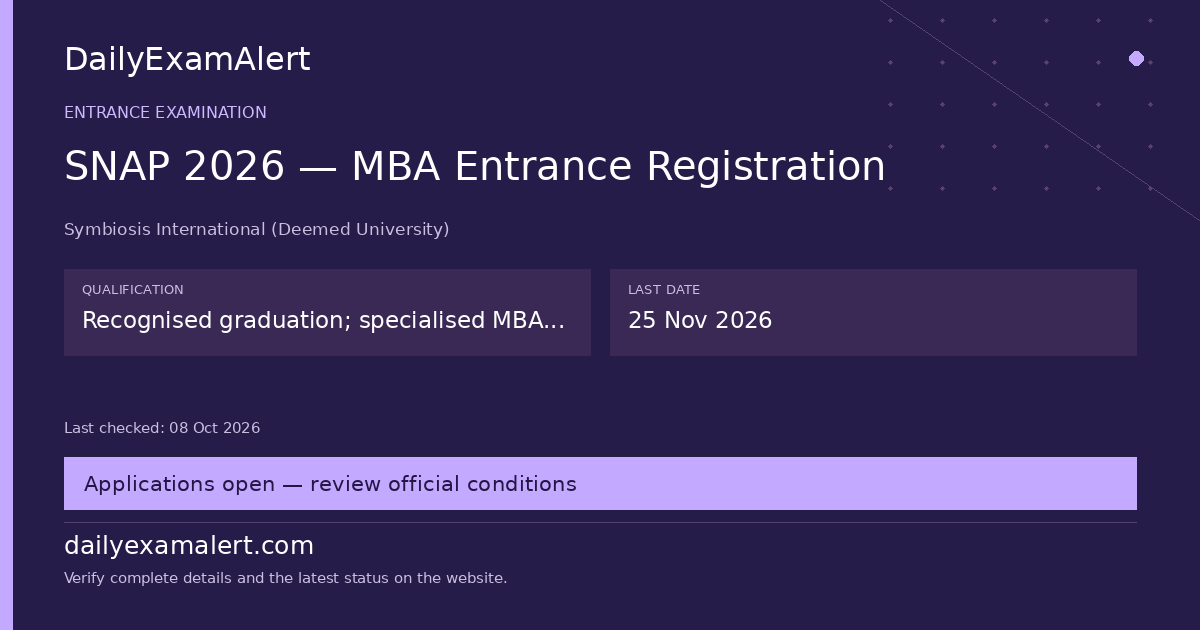 SNAP 2026 — MBA Entrance Registration — entrance examination summary