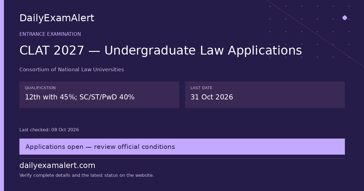 CLAT 2027 — Undergraduate Law Applications — entrance examination summary