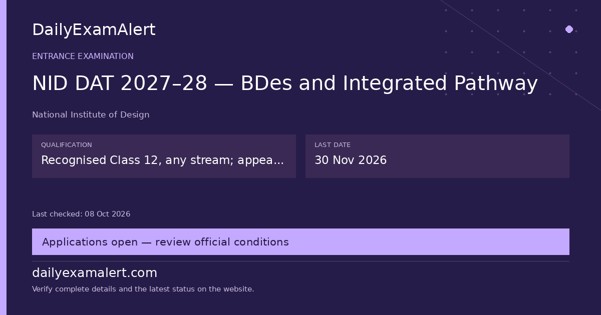 NID DAT 2027–28 — BDes and Integrated Pathway — entrance examination summary