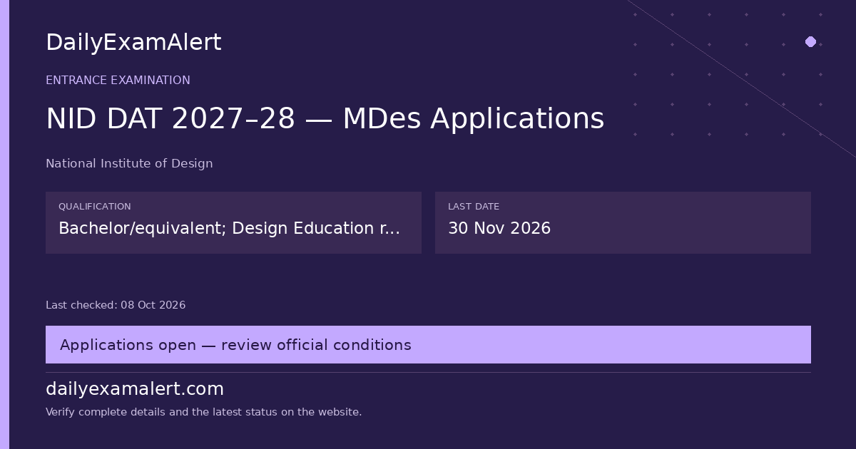 NID DAT 2027–28 — MDes Applications — entrance examination summary