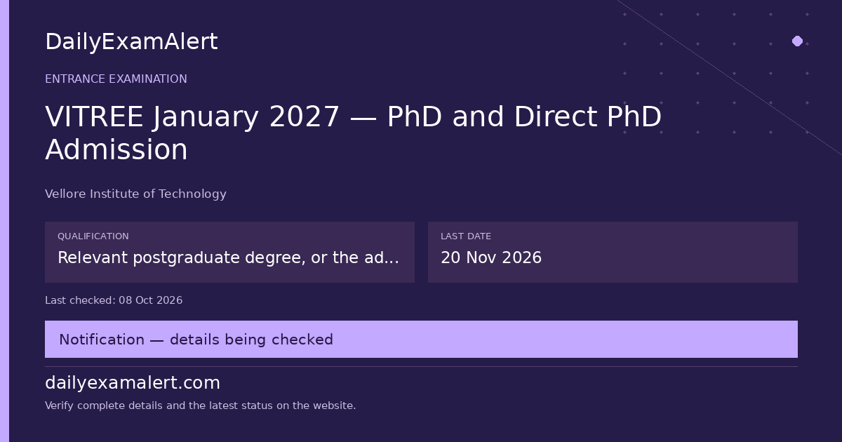 VITREE January 2027 — PhD and Direct PhD Admission — entrance examination summary