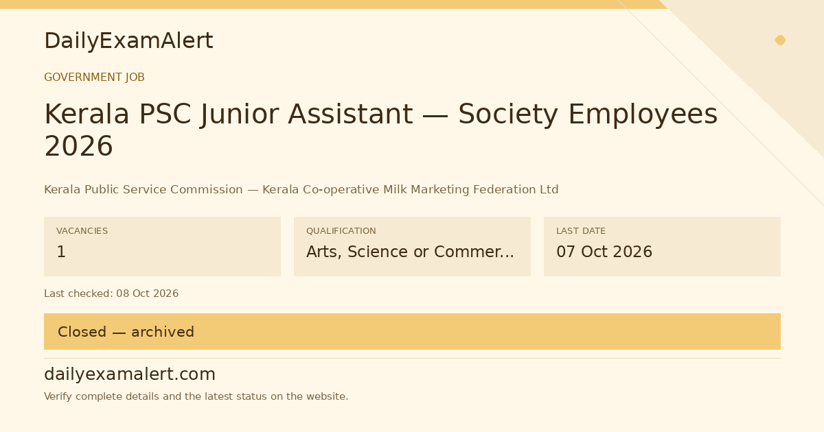Kerala PSC Junior Assistant — Society Employees 2026 — government job summary