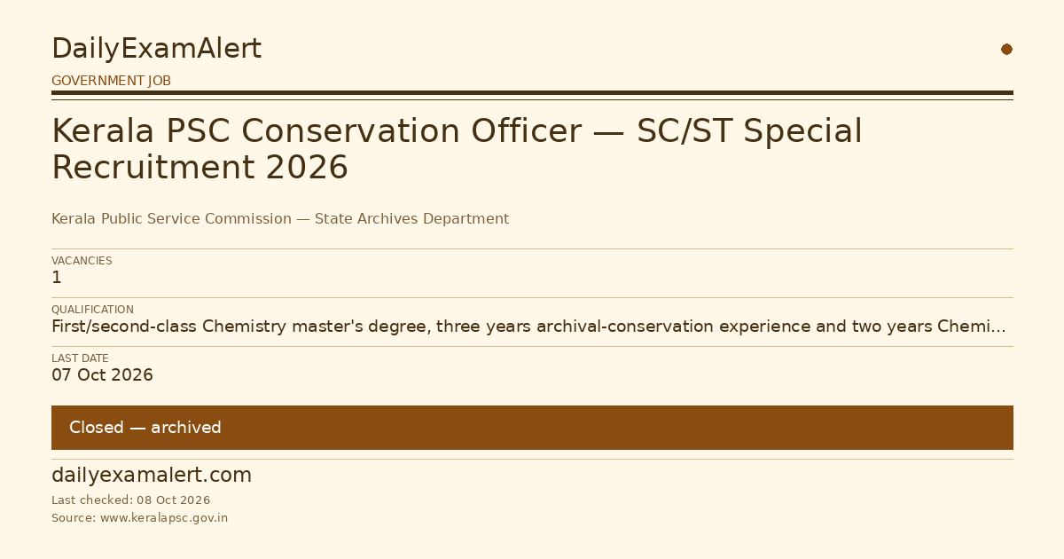 Kerala PSC Conservation Officer — SC/ST Special Recruitment 2026 — government job summary