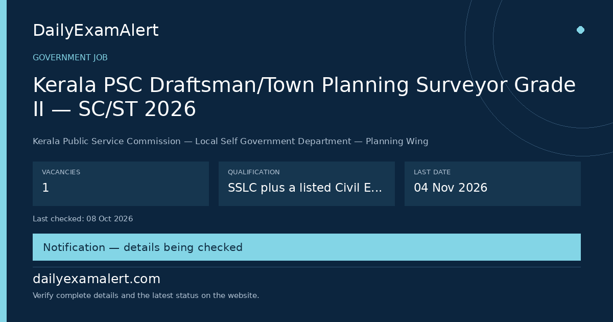 Kerala PSC Draftsman/Town Planning Surveyor Grade II — SC/ST 2026 — government job summary