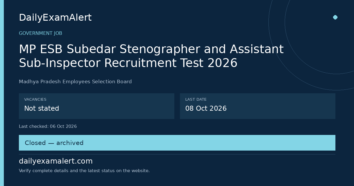 MP ESB Subedar Stenographer and Assistant Sub-Inspector Recruitment Test 2026 — government job summary