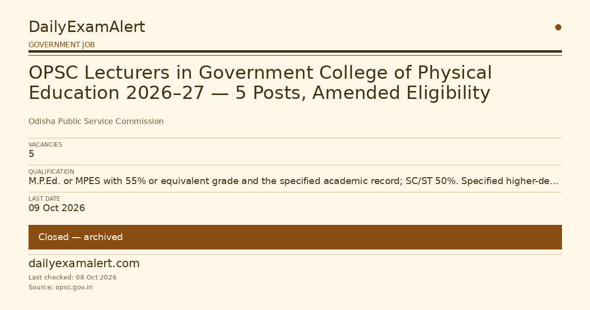 OPSC Lecturers in Government College of Physical Education 2026–27 — 5 Posts, Amended Eligibility — government job summary