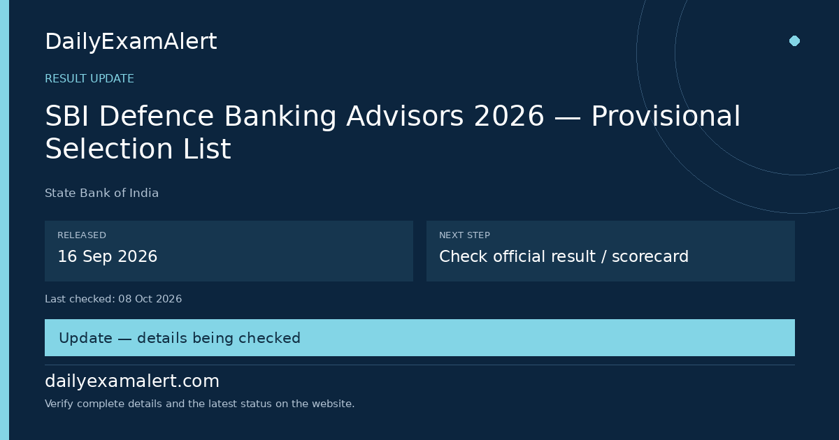 SBI Defence Banking Advisors 2026 — Provisional Selection List — result update summary