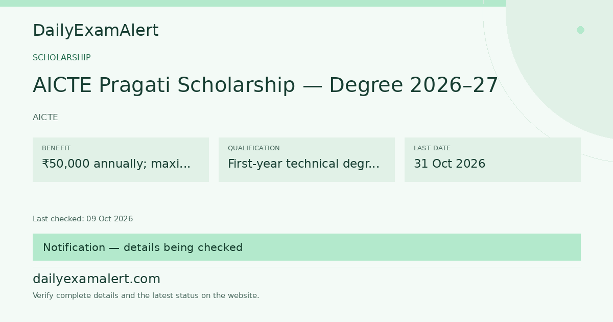 AICTE Pragati Scholarship — Degree 2026–27 — scholarship summary