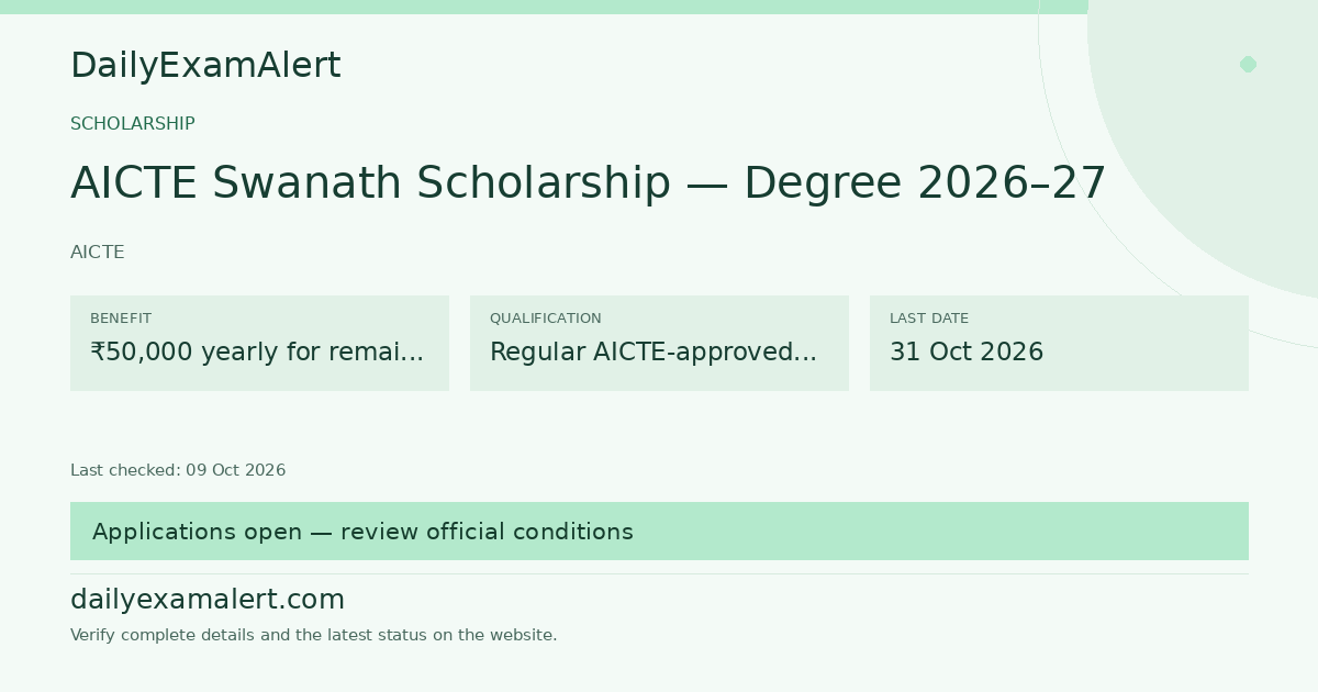 AICTE Swanath Scholarship — Degree 2026–27 — scholarship summary