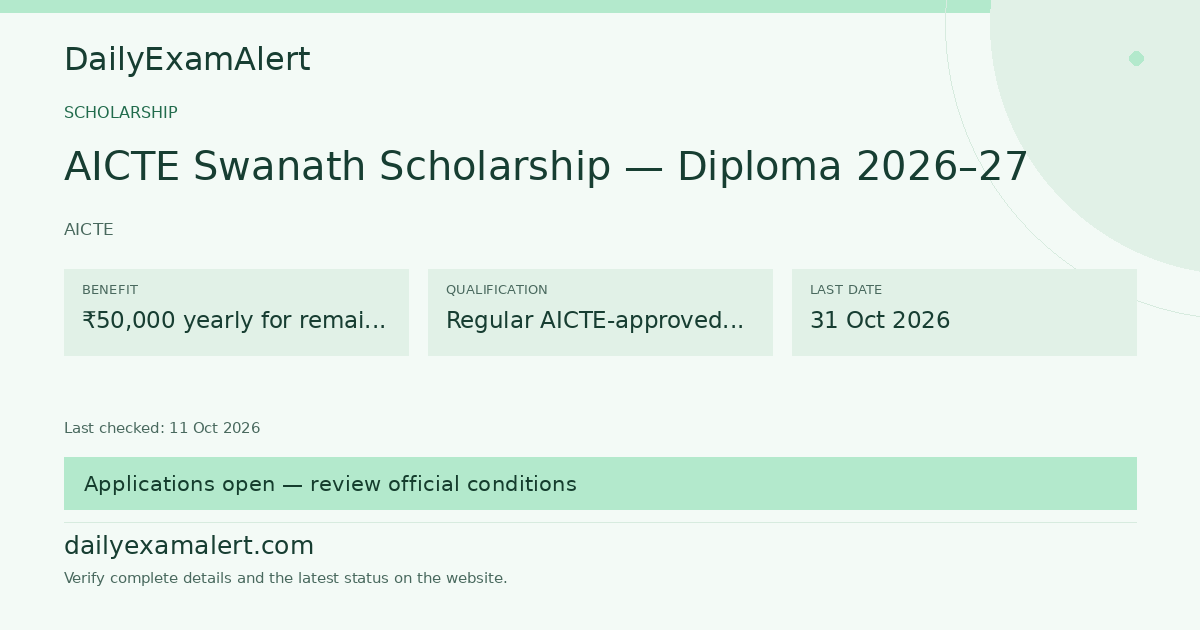 AICTE Swanath Scholarship — Diploma 2026–27 — scholarship summary