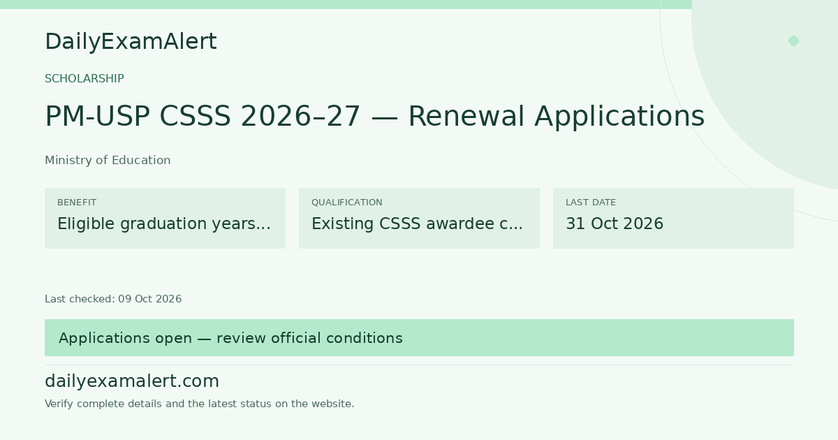 PM-USP CSSS 2026–27 — Renewal Applications — scholarship summary