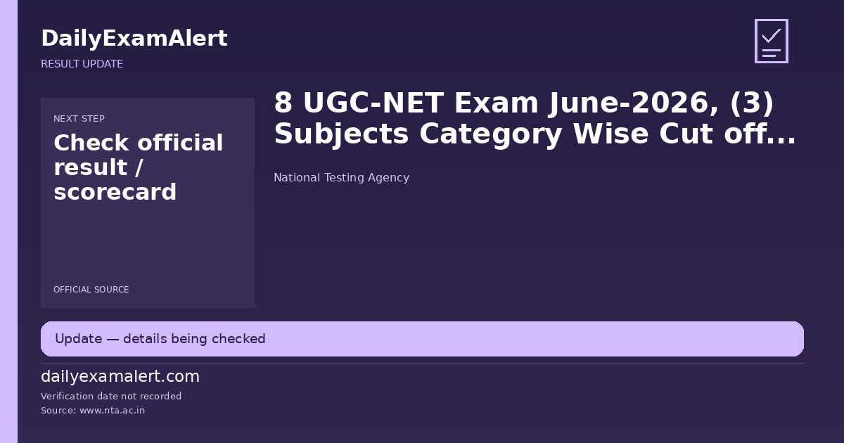 8 UGC-NET Exam June-2026, (3) Subjects Category Wise Cut off Marks — result update summary