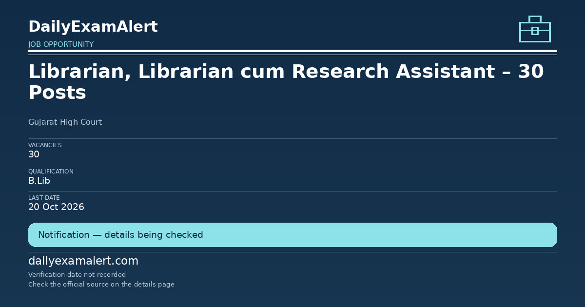 Librarian, Librarian cum Research Assistant – 30 Posts — job opportunity summary