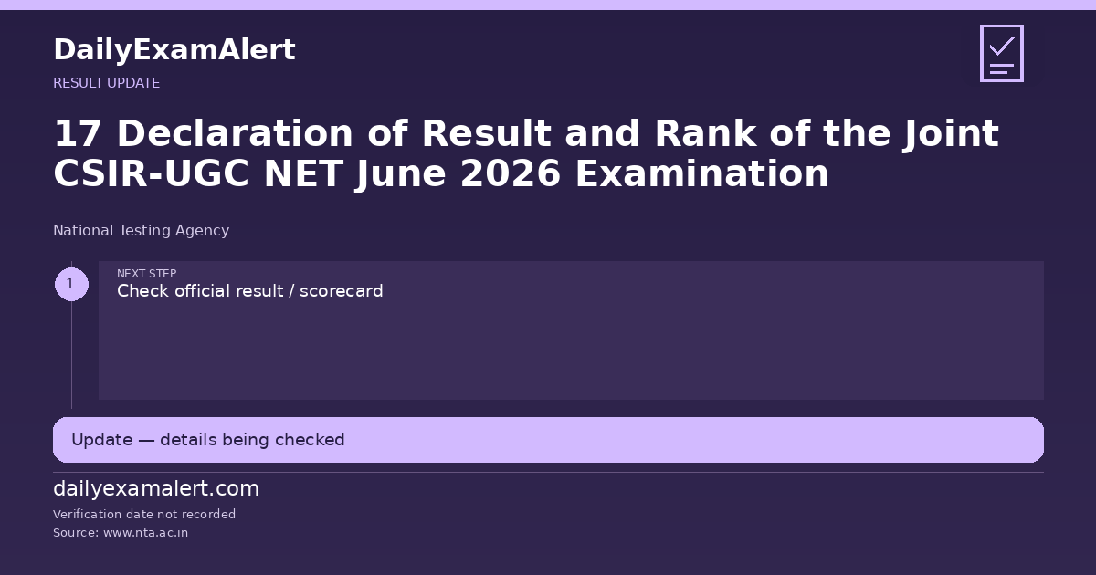 17 Declaration of Result and Rank of the Joint CSIR-UGC NET June 2026 Examination — result update summary