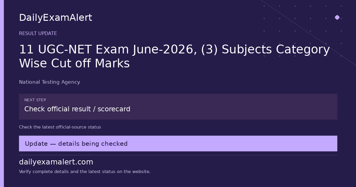 11 UGC-NET Exam June-2026, (3) Subjects Category Wise Cut off Marks — result update summary