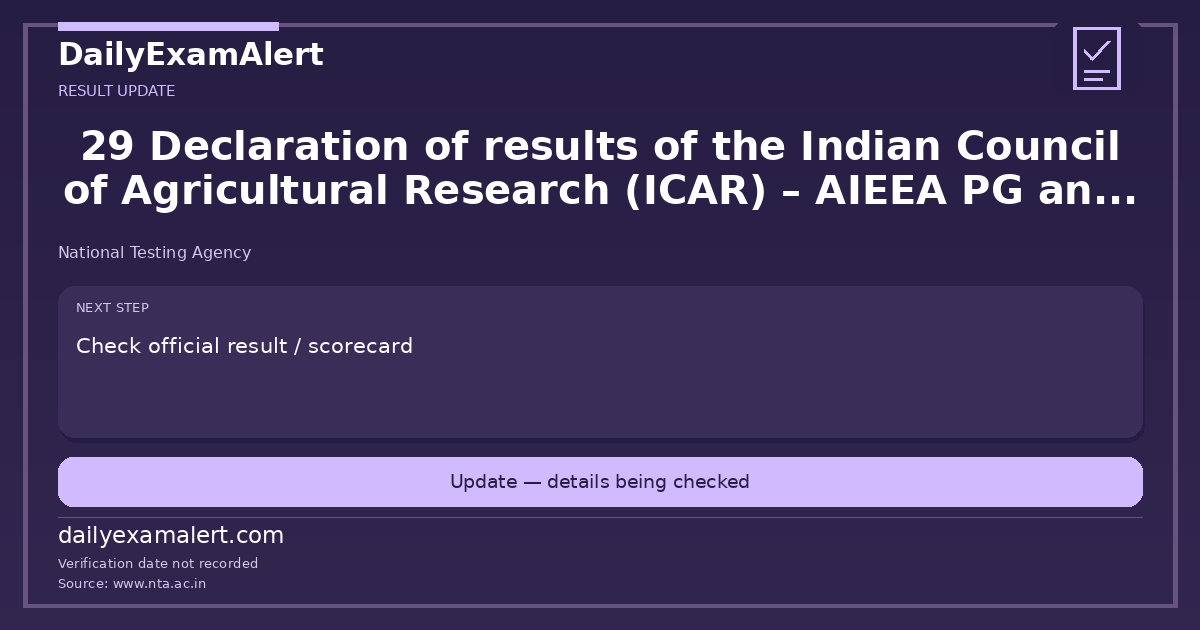 29 Declaration of results of the Indian Council of Agricultural Research (ICAR) – AIEEA PG and AICE-JRF/SRF (PhD) programs for the academic year 2026-27 — result update summary