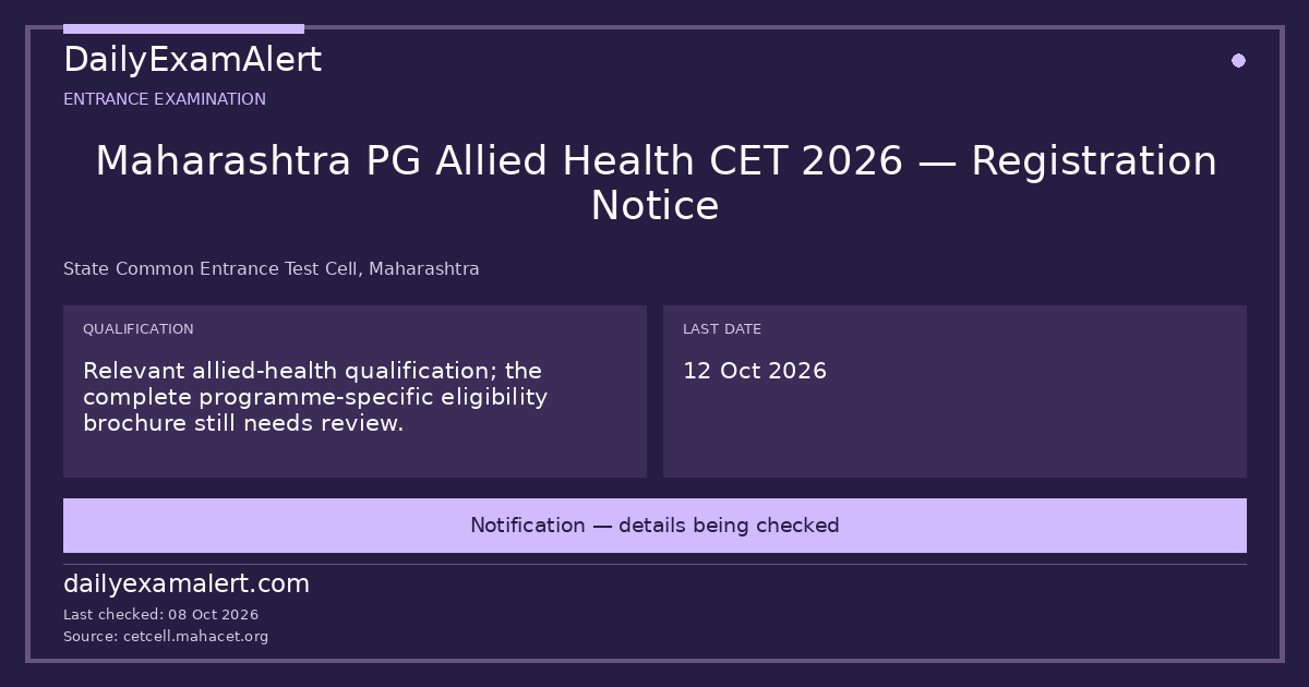 Maharashtra PG Allied Health CET 2026 — Registration Notice — entrance examination summary