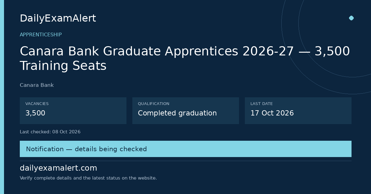 Canara Bank Graduate Apprentices 2026-27 — 3,500 Training Seats — apprenticeship summary