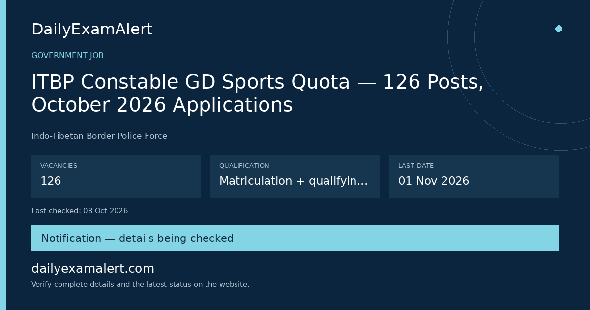 ITBP Constable GD Sports Quota — 126 Posts, October 2026 Applications — government job summary