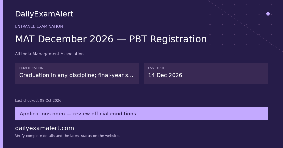 MAT December 2026 — PBT Registration — entrance examination summary