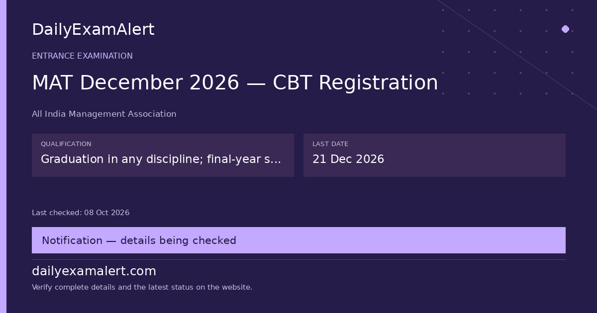 MAT December 2026 — CBT Registration — entrance examination summary