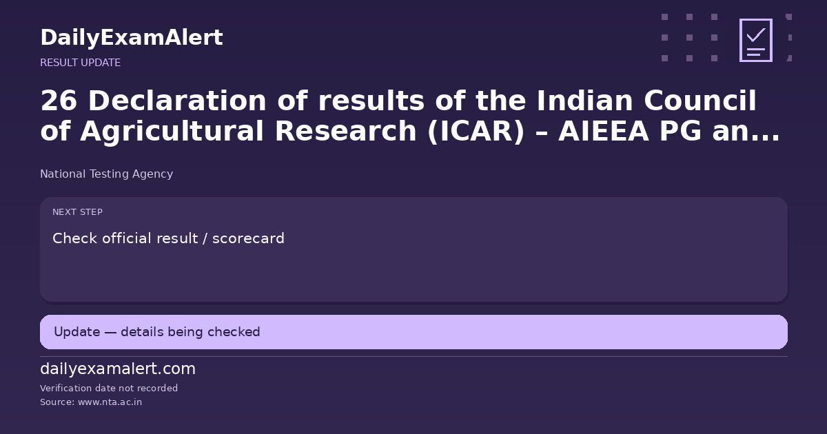 26 Declaration of results of the Indian Council of Agricultural Research (ICAR) – AIEEA PG and AICE-JRF/SRF (PhD) programs for the academic year 2026-27 — result update summary