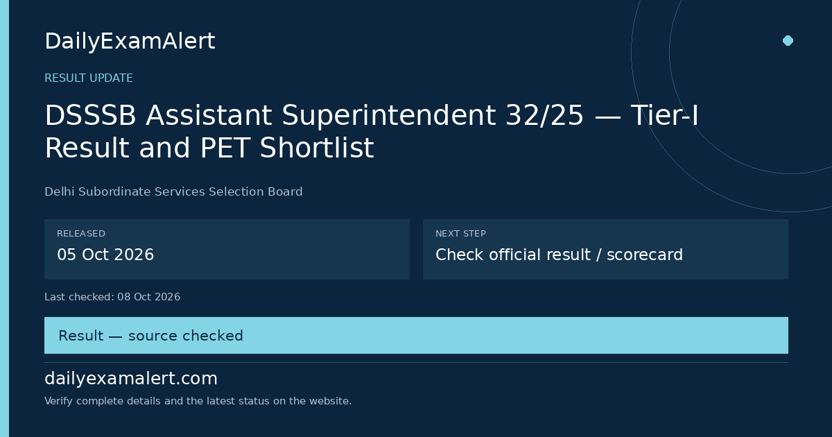 DSSSB Assistant Superintendent 32/25 — Tier-I Result and PET Shortlist — result update summary