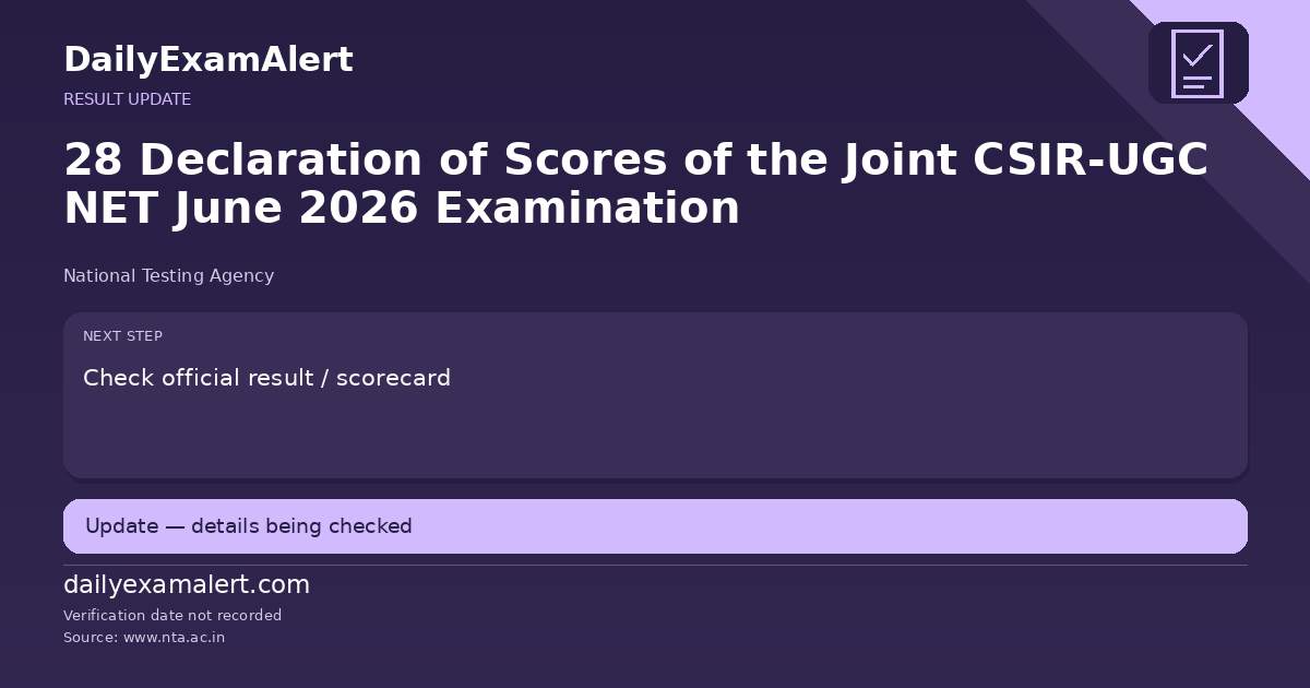 28 Declaration of Scores of the Joint CSIR-UGC NET June 2026 Examination — result update summary