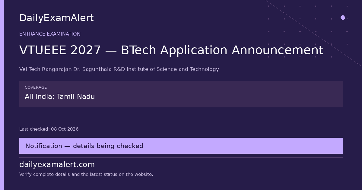 VTUEEE 2027 — BTech Application Announcement — entrance examination summary