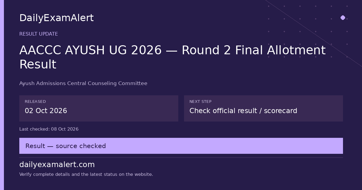 AACCC AYUSH UG 2026 — Round 2 Final Allotment Result — result update summary