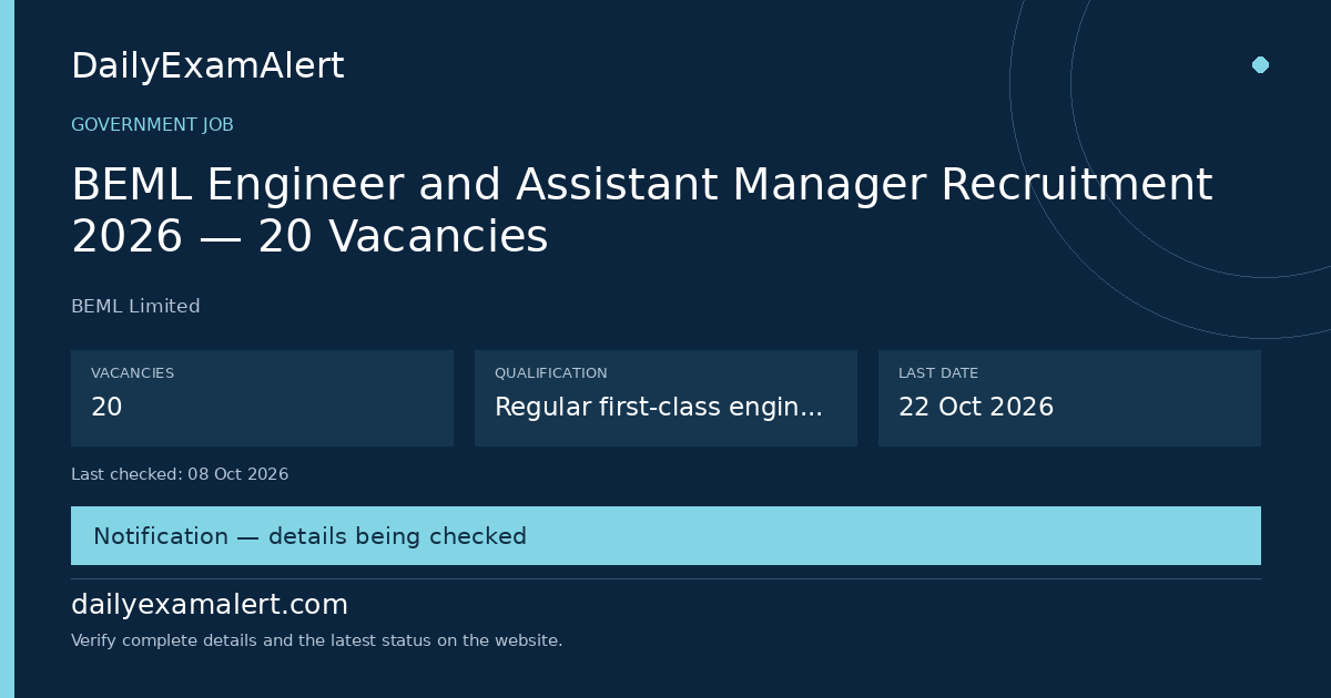 BEML Engineer and Assistant Manager Recruitment 2026 — 20 Vacancies — government job summary