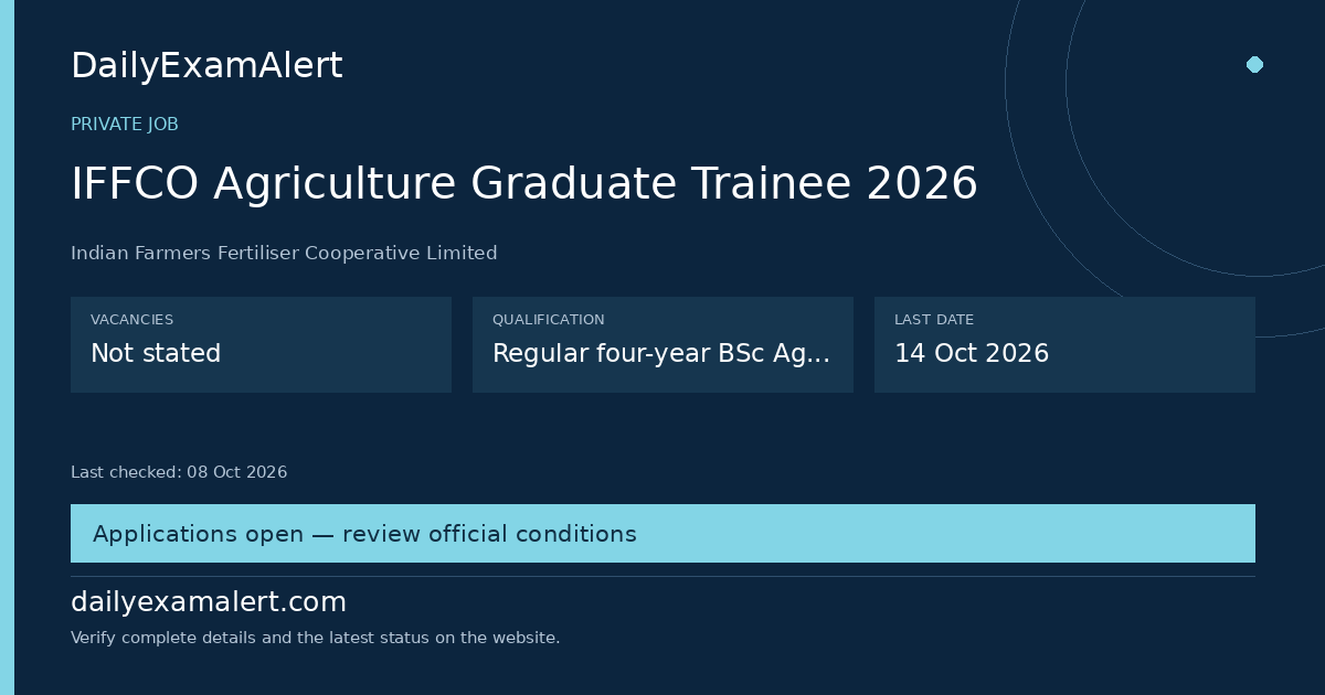 IFFCO Agriculture Graduate Trainee 2026 — private job summary