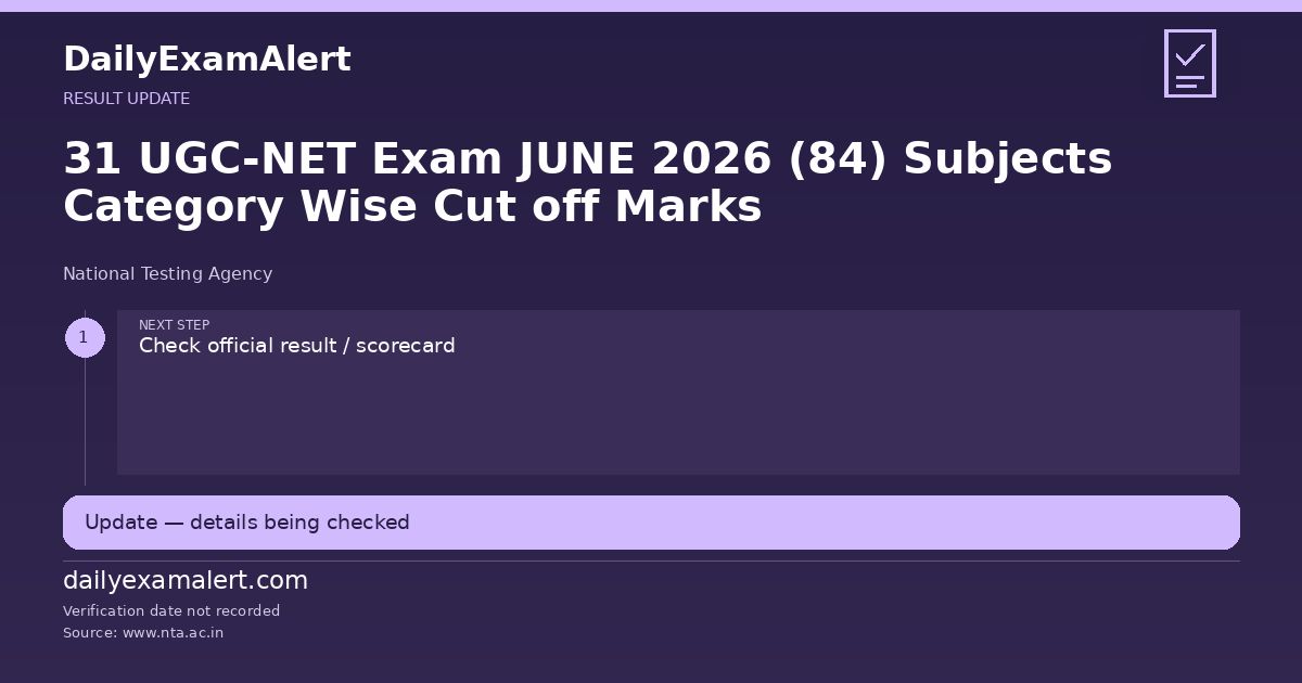 31 UGC-NET Exam JUNE 2026 (84) Subjects Category Wise Cut off Marks — result update summary