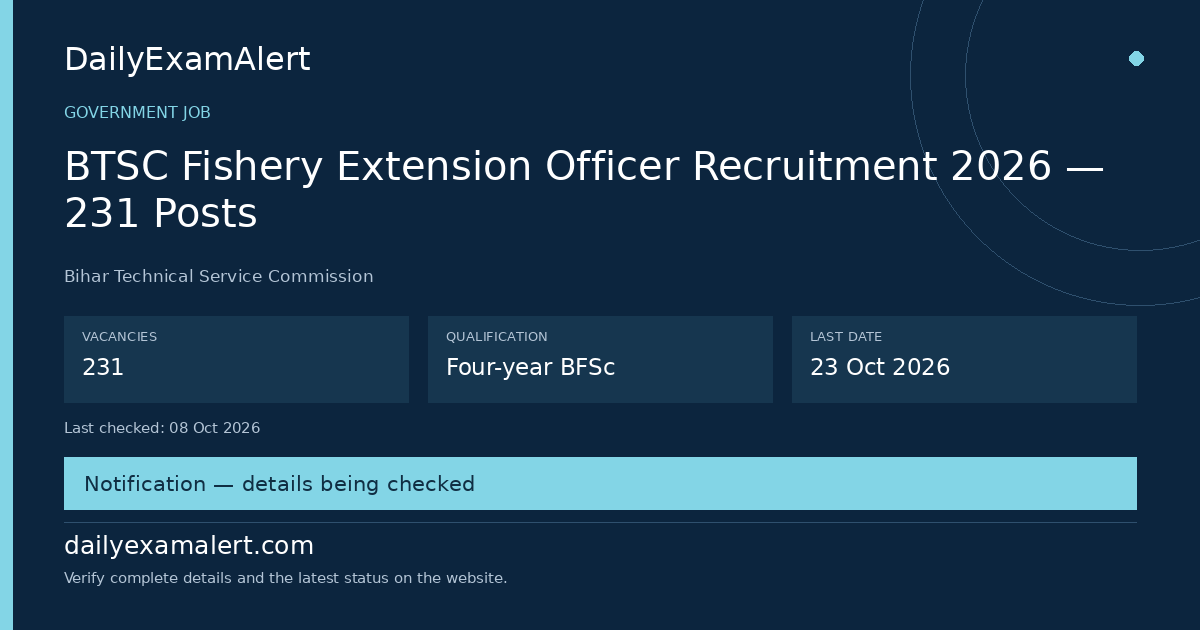 BTSC Fishery Extension Officer Recruitment 2026 — 231 Posts — government job summary