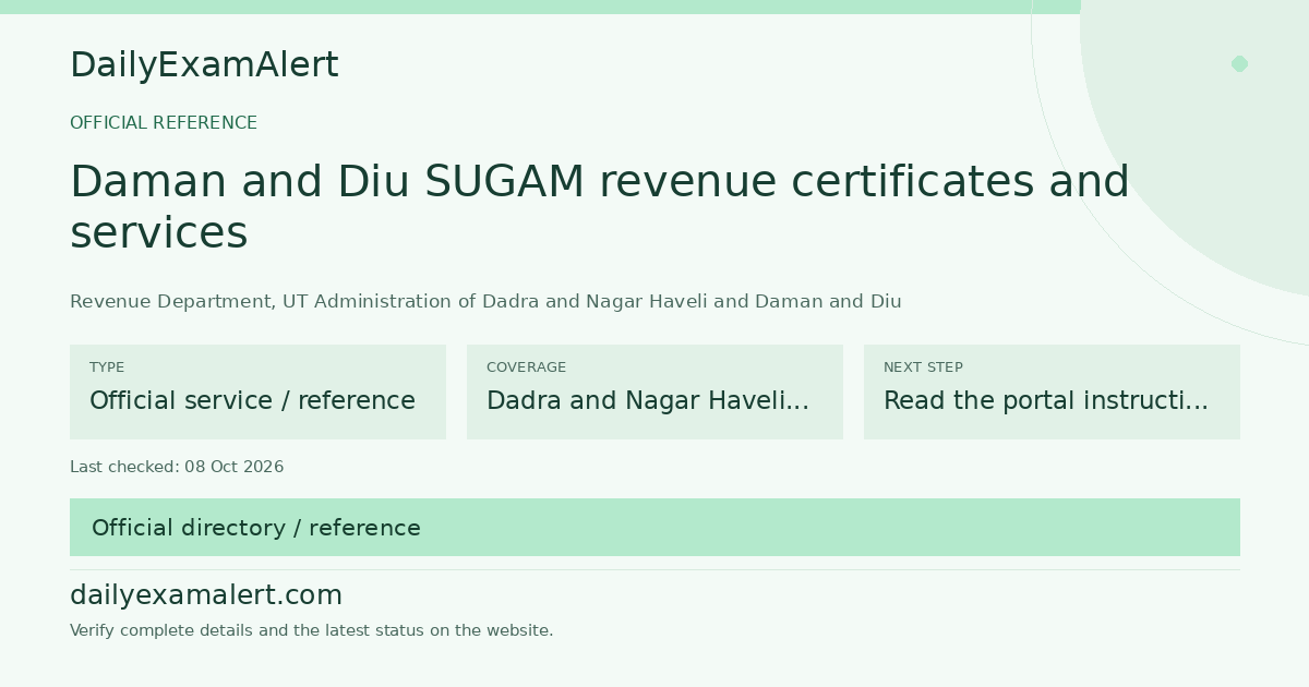 Daman and Diu SUGAM revenue certificates and services — official reference summary