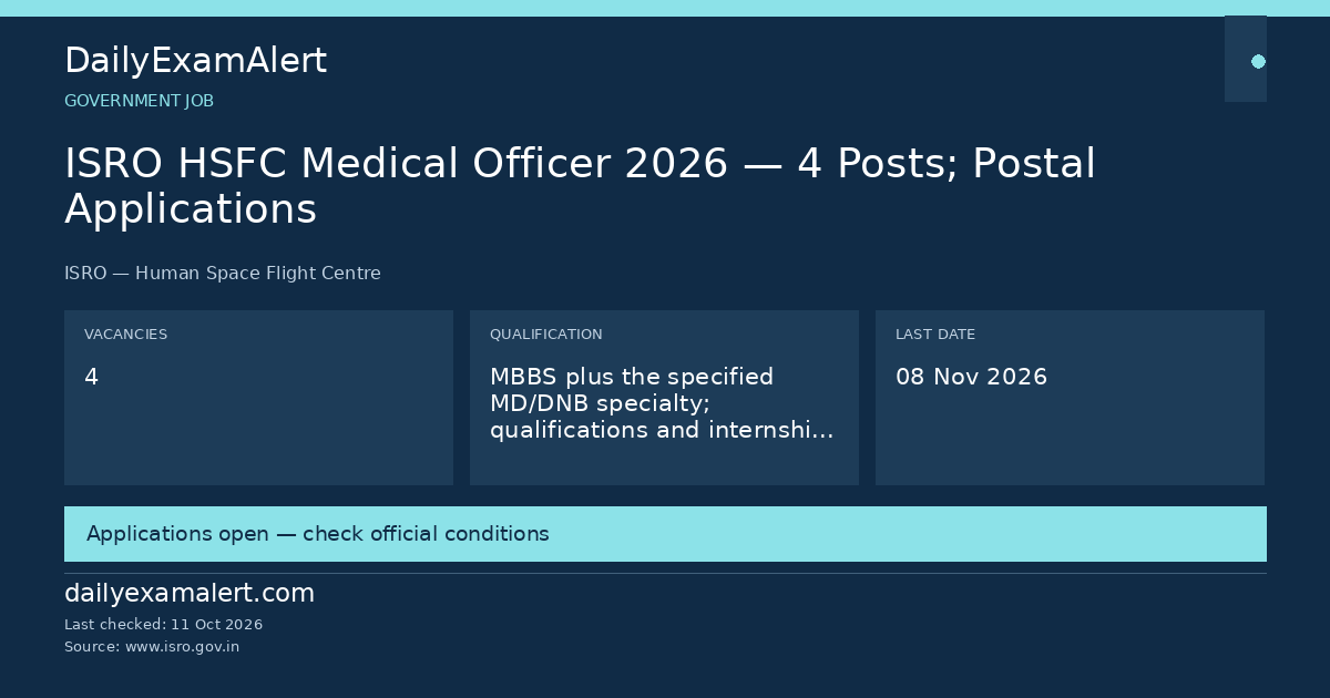 ISRO HSFC Medical Officer 2026 — 4 Posts; Postal Applications — government job summary