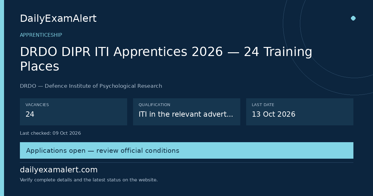 DRDO DIPR ITI Apprentices 2026 — 24 Training Places — apprenticeship summary