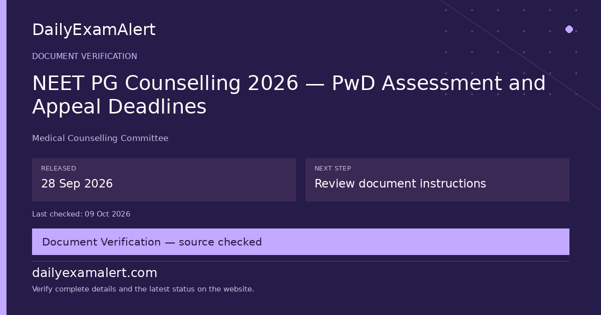 NEET PG Counselling 2026 — PwD Assessment and Appeal Deadlines — document verification summary