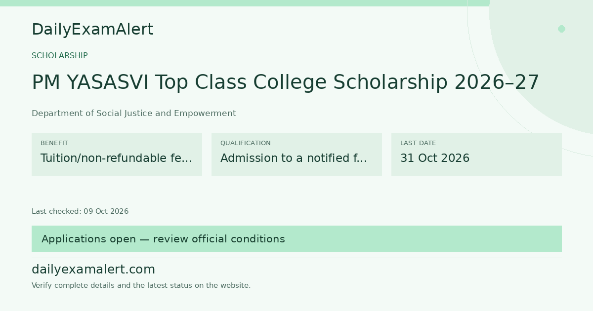 PM YASASVI Top Class College Scholarship 2026–27 — scholarship summary